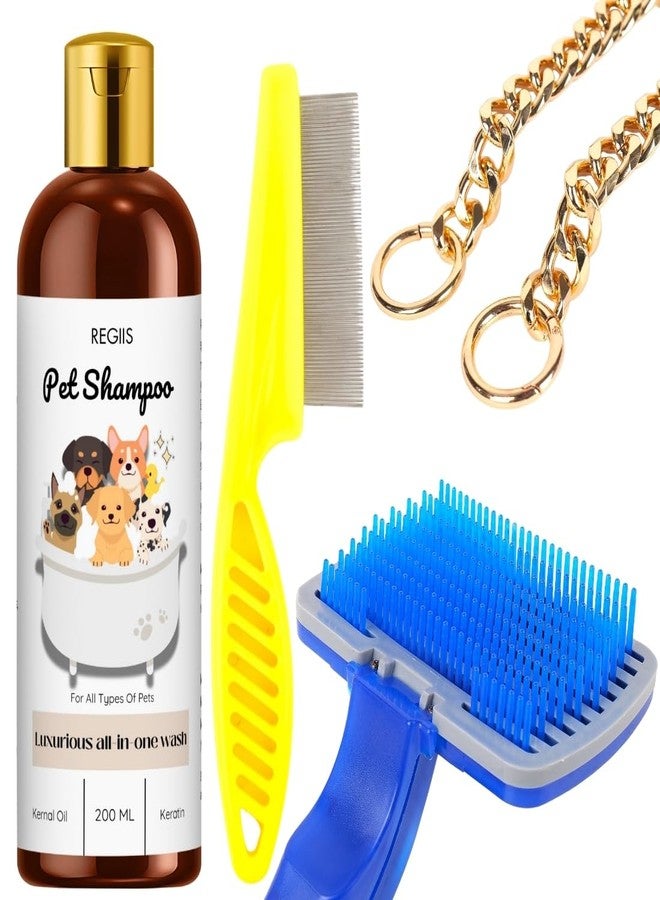 مجموعة شامبو الحيوانات الأليفة من ريجيس مع أدوات العناية، 200 مل غسول فاخر شامل مع زيت نواة النحل والكيراتين، مجموعة العناية بالكلاب مع مشط للبراغيث وفرشاة ذاتية التنظيف (عبوة من 4 قطع) - Image 1